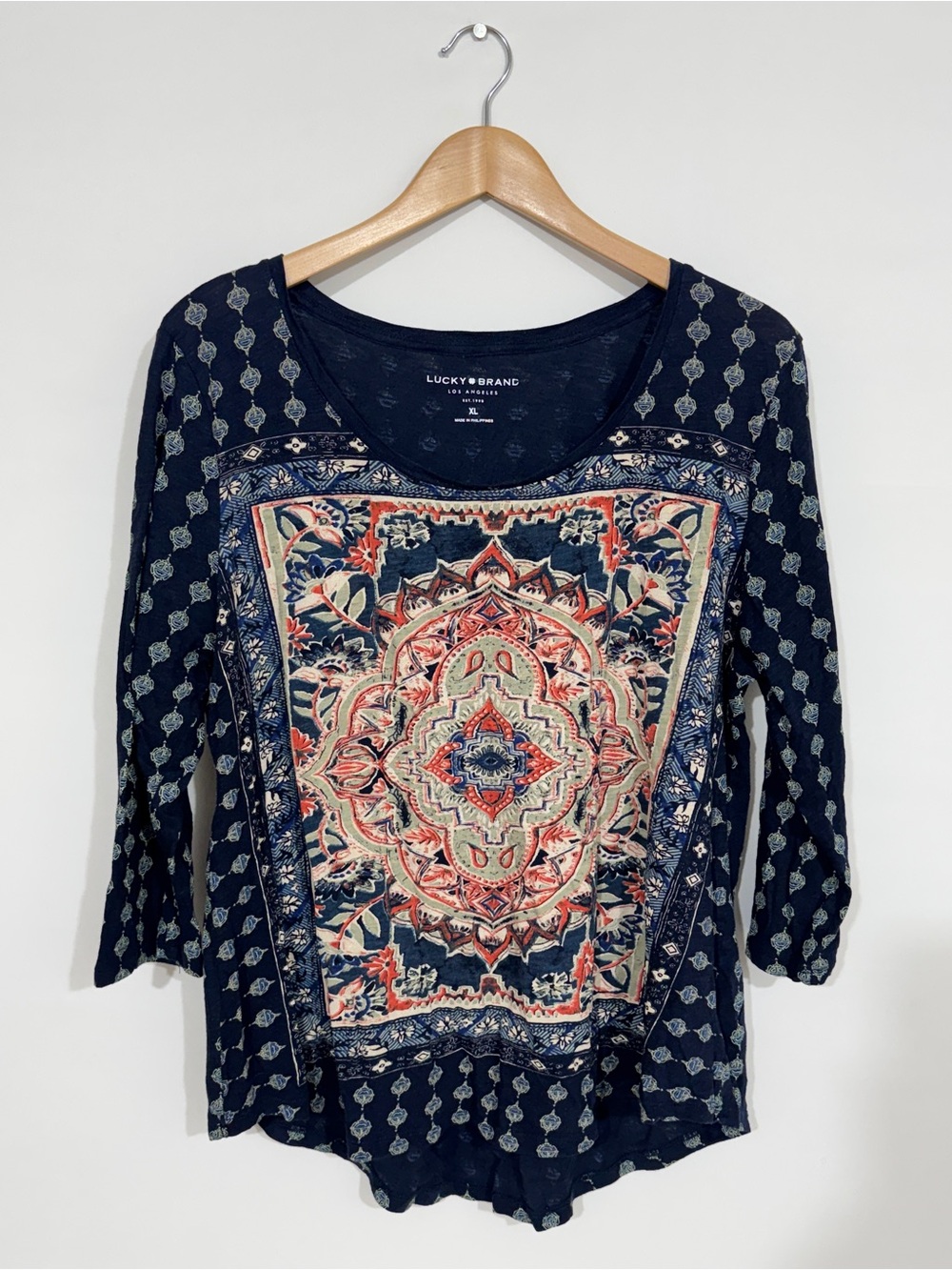 WSH16 {Lucky Brand} Navy Blue Printed Long Sleeve Scoop Neck Loose Top Shirt